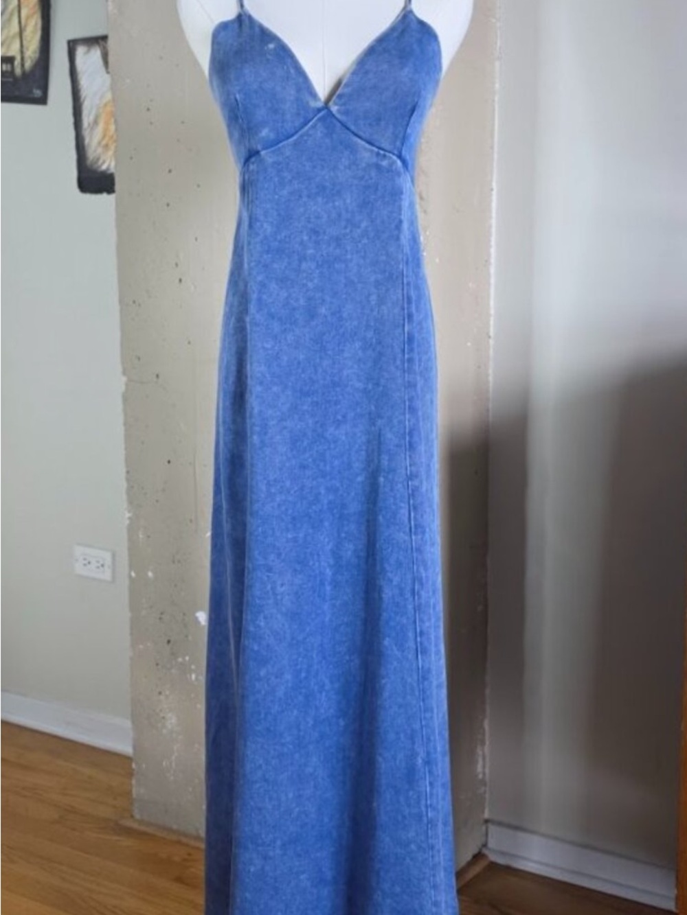 Washed Blue Maxi Slip Dress with V-Neck Spaghetti Straps